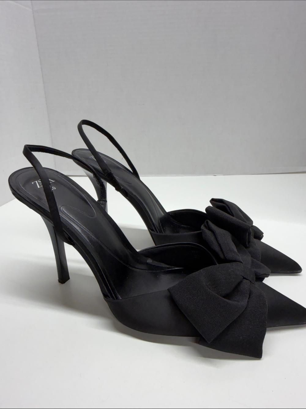 Zara Bow Heels Pointed Toe High Heel Shoes Slingback Stretch Satin Black Size 10 - Picture 4 of 10